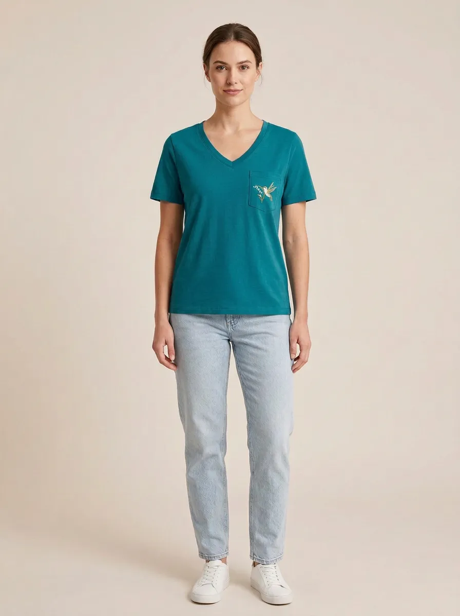 Women's Hummingbird Embroidered Pocket V-Neck T-Shirt