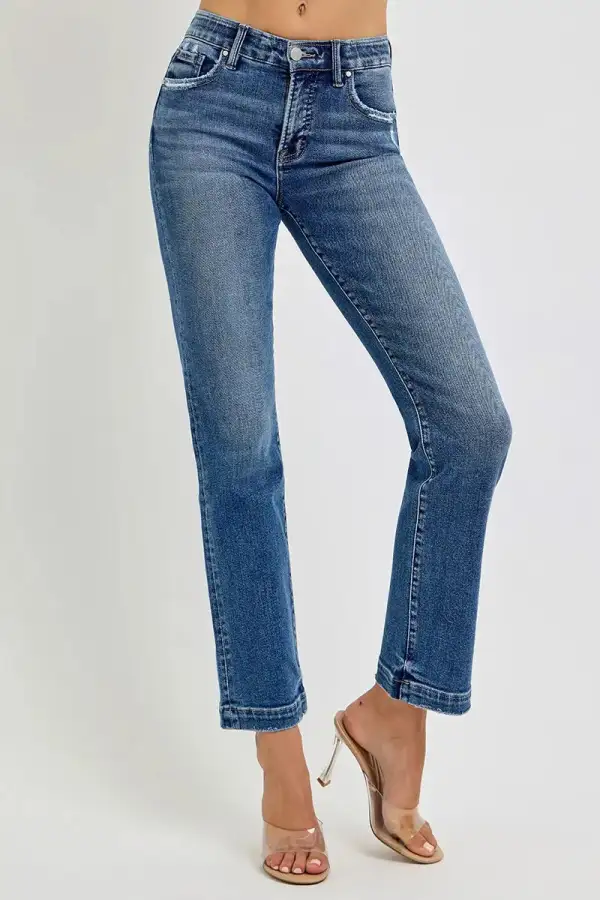 Mid Rise Elastic Waist Released Hem Straight Leg Jeans