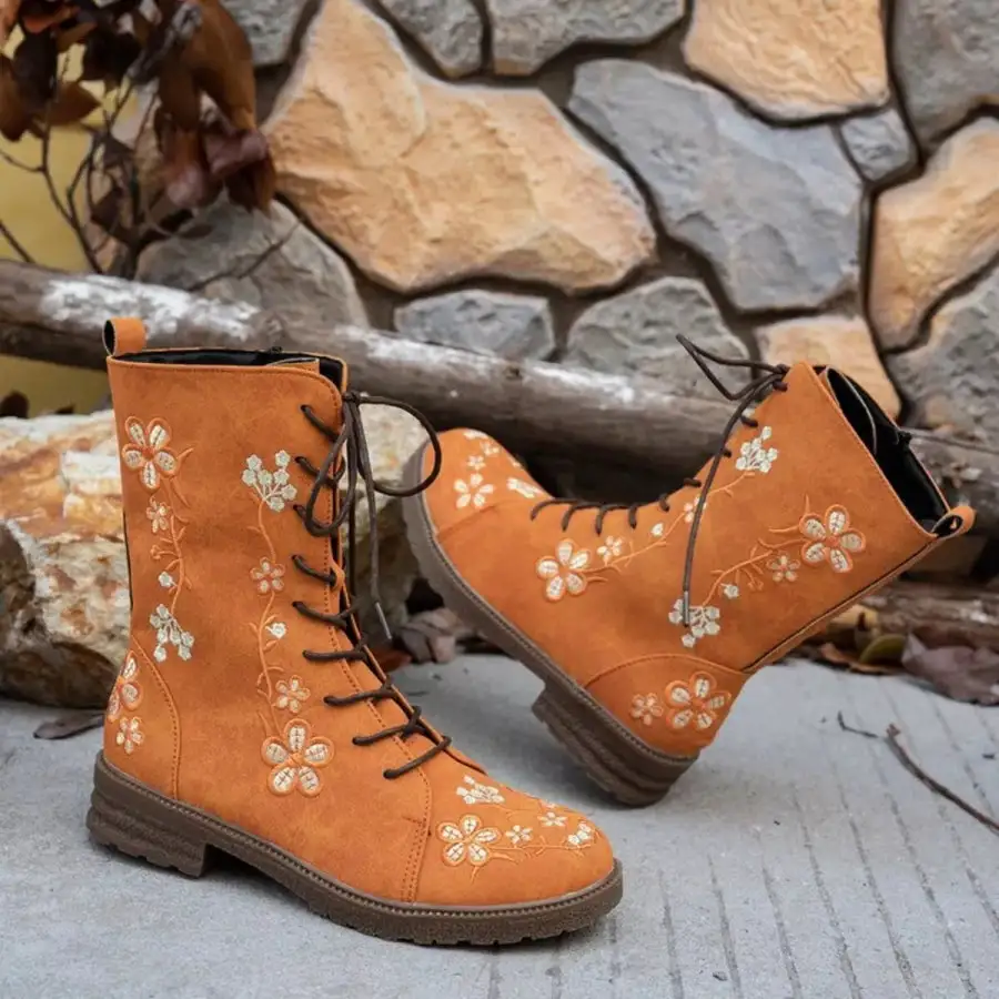 Textured Round Toe Block Heels Boots