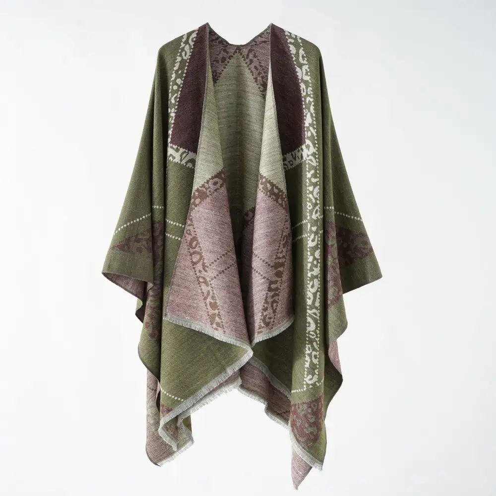 Reversible Fringed Wool Blend Poncho Wrap