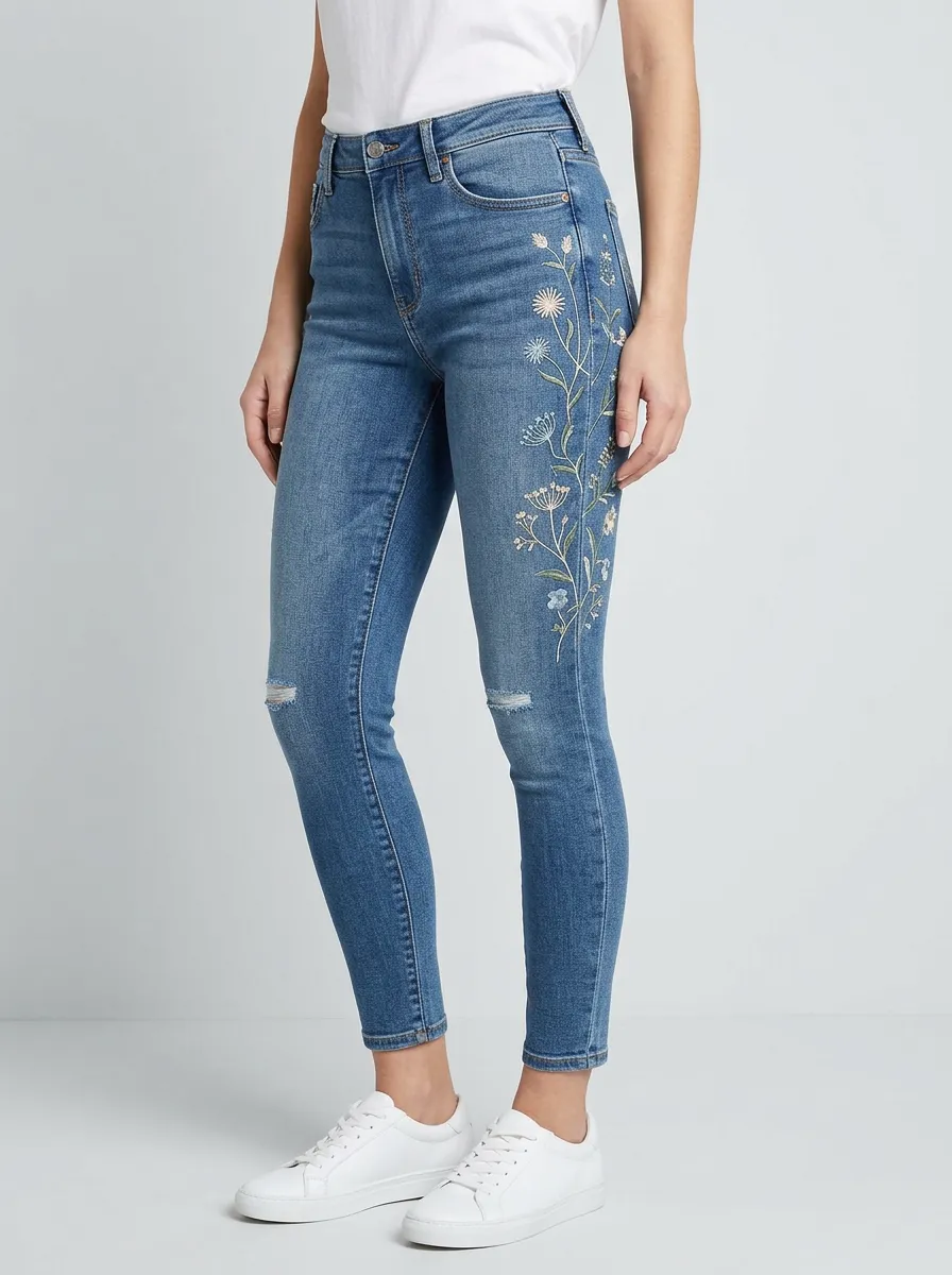Women's Floral Nature Wildflower Embroidered Graphic Slim Jeans
