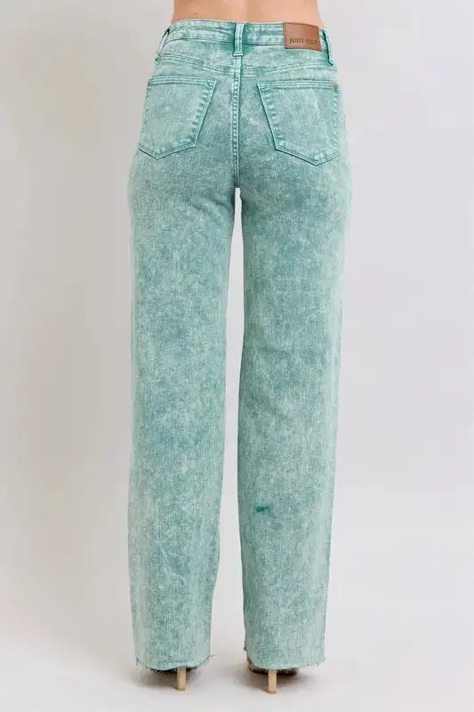High Waist Garment Dyed Raw Hem Denim Jeans