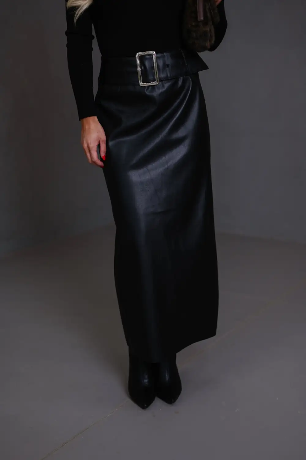 Faux Leather Back Slit High Rise Skirt