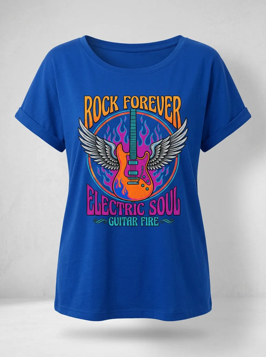 Women's Rock Music Lover Winged Electric Guitar Flame Printed T-shirt