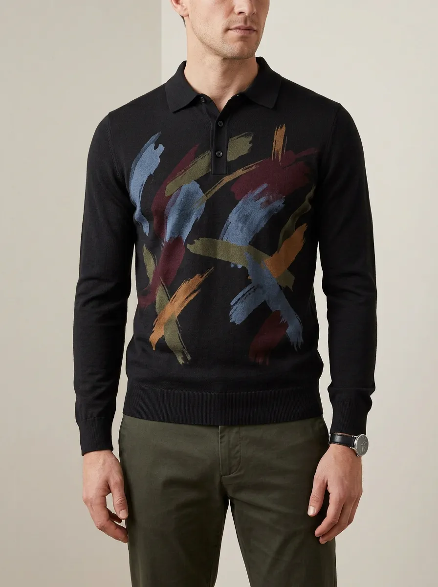Men's Abstract Art Brushstroke Printed Long Sleeve Polo Shirt