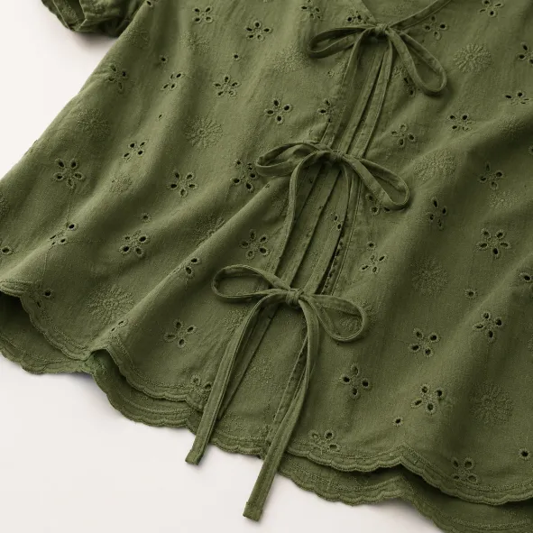 Women's Eyelet Embroidered Tie-Front Blouse