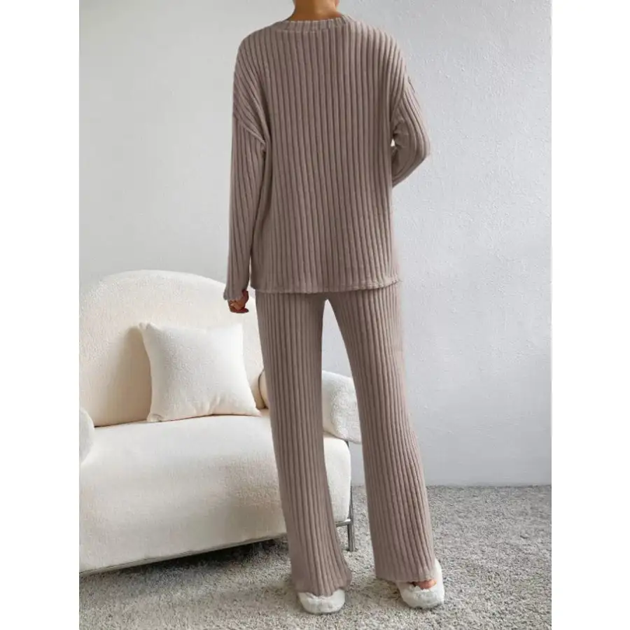 Classic Ribbed Knit Long Sleeve Top and Pants Set