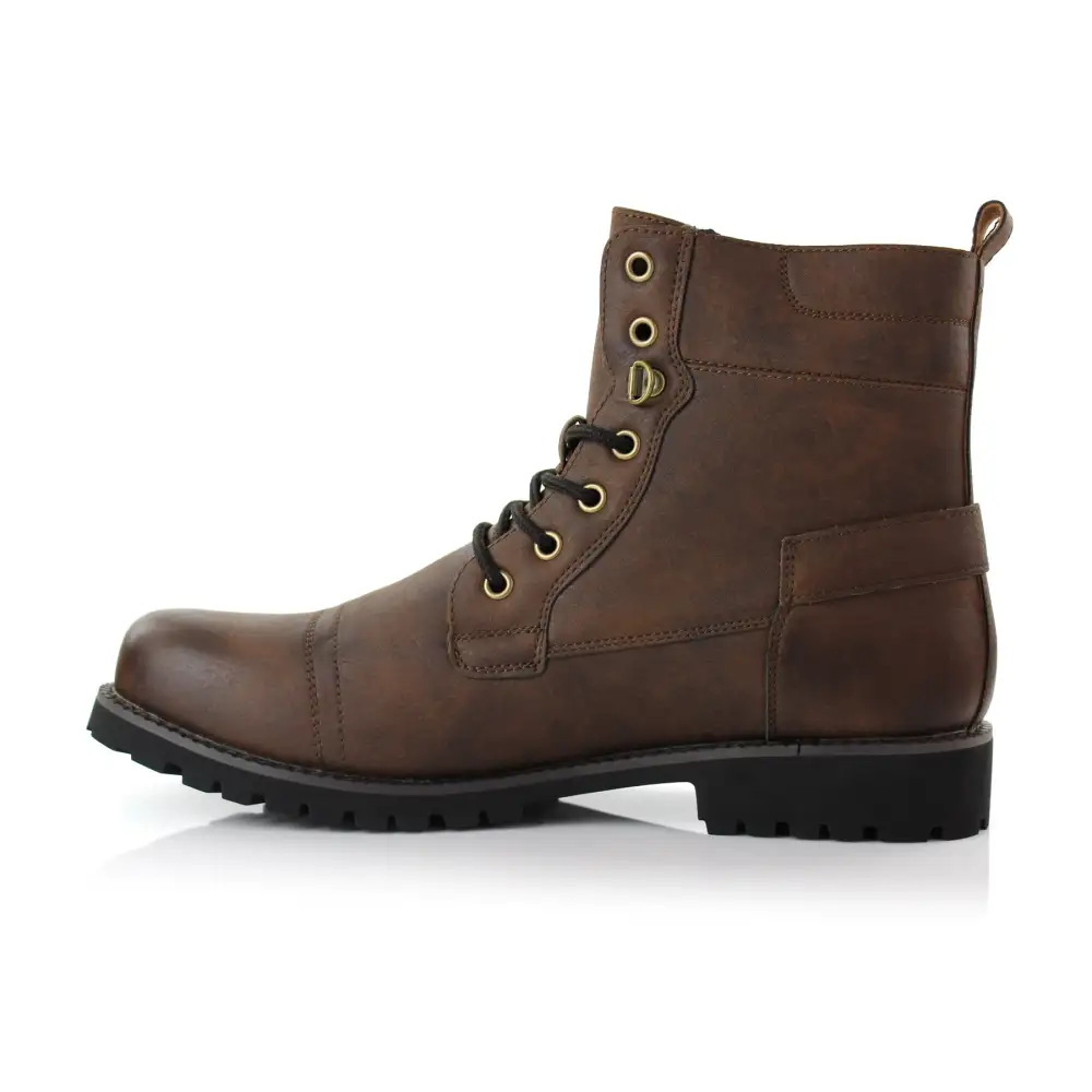 Faux-Leather Lace-Up Buckle-Detail Combat Boots