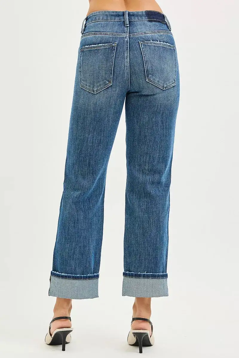 Straight Leg Stretch Cuffed Denim Jeans