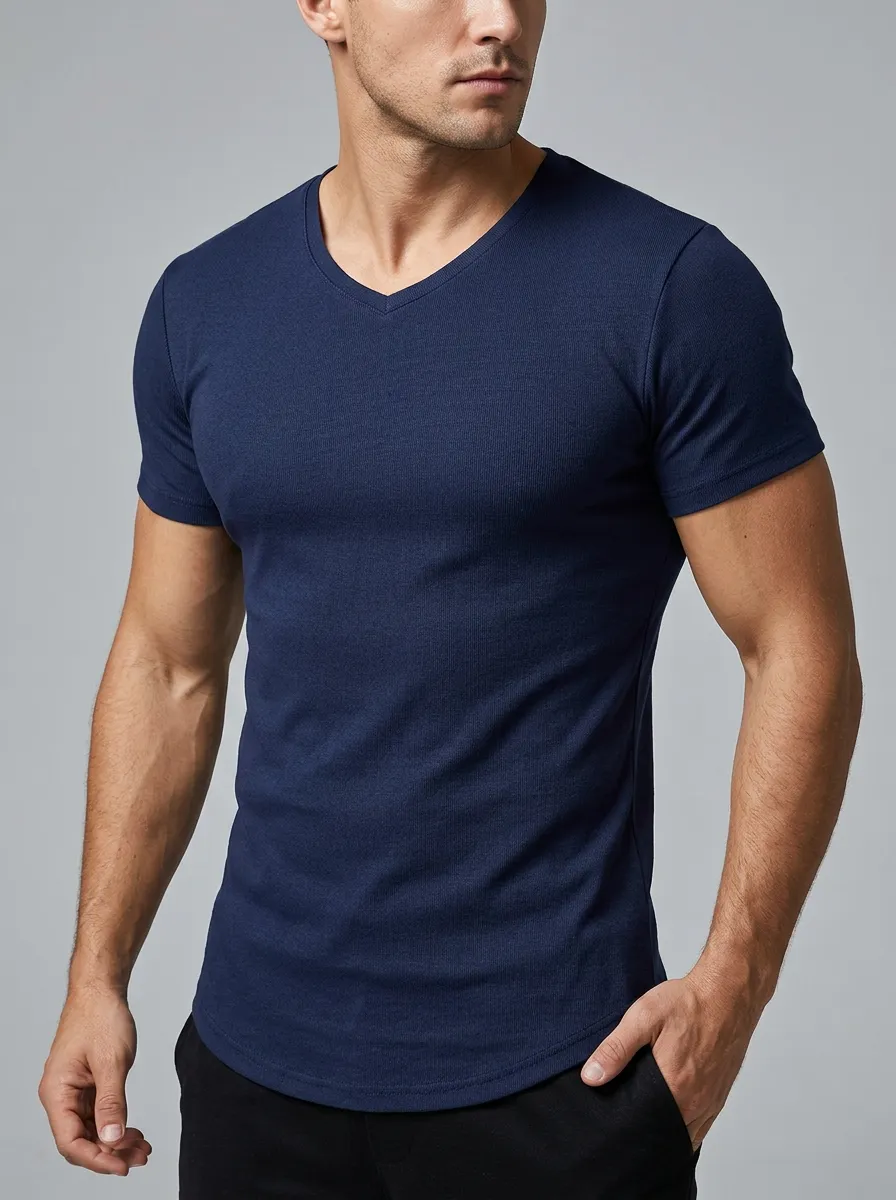 Classic Ribbed Curved Hem V-Neck Silhouette Men's Slim Fit Short Sleeve T-Shirt