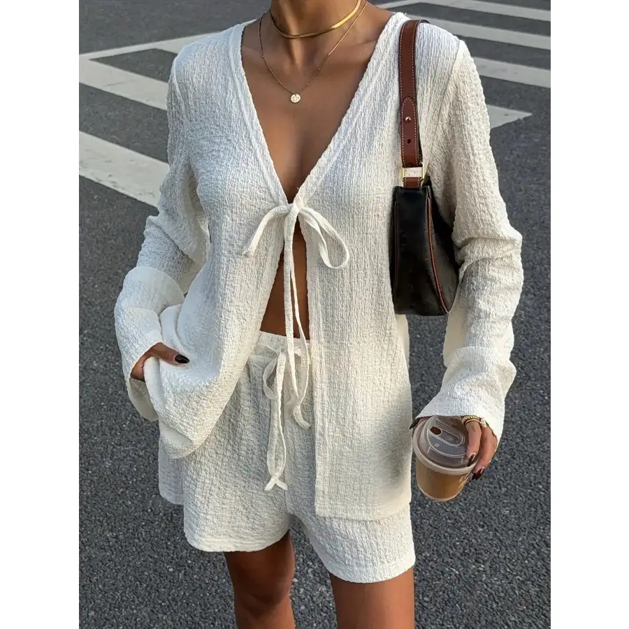 Tie Front Long Sleeve Top and Shorts Set