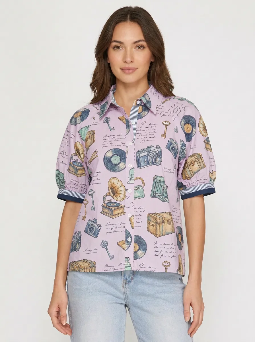 Women's Vintage Camera Phonograph Graphic Button-Up Shirt