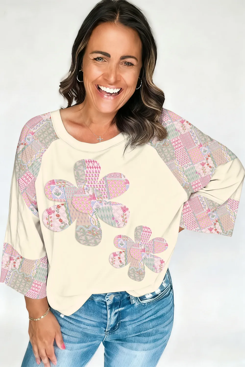 Beige Block Retro Floral Patchwork Top