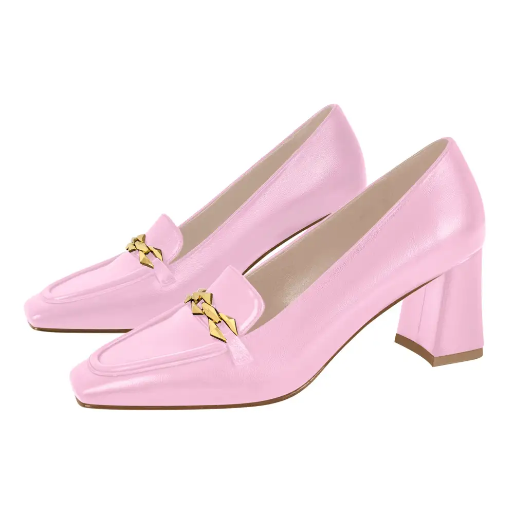 Square Toe Chunky Heel Chain Accent Pumps