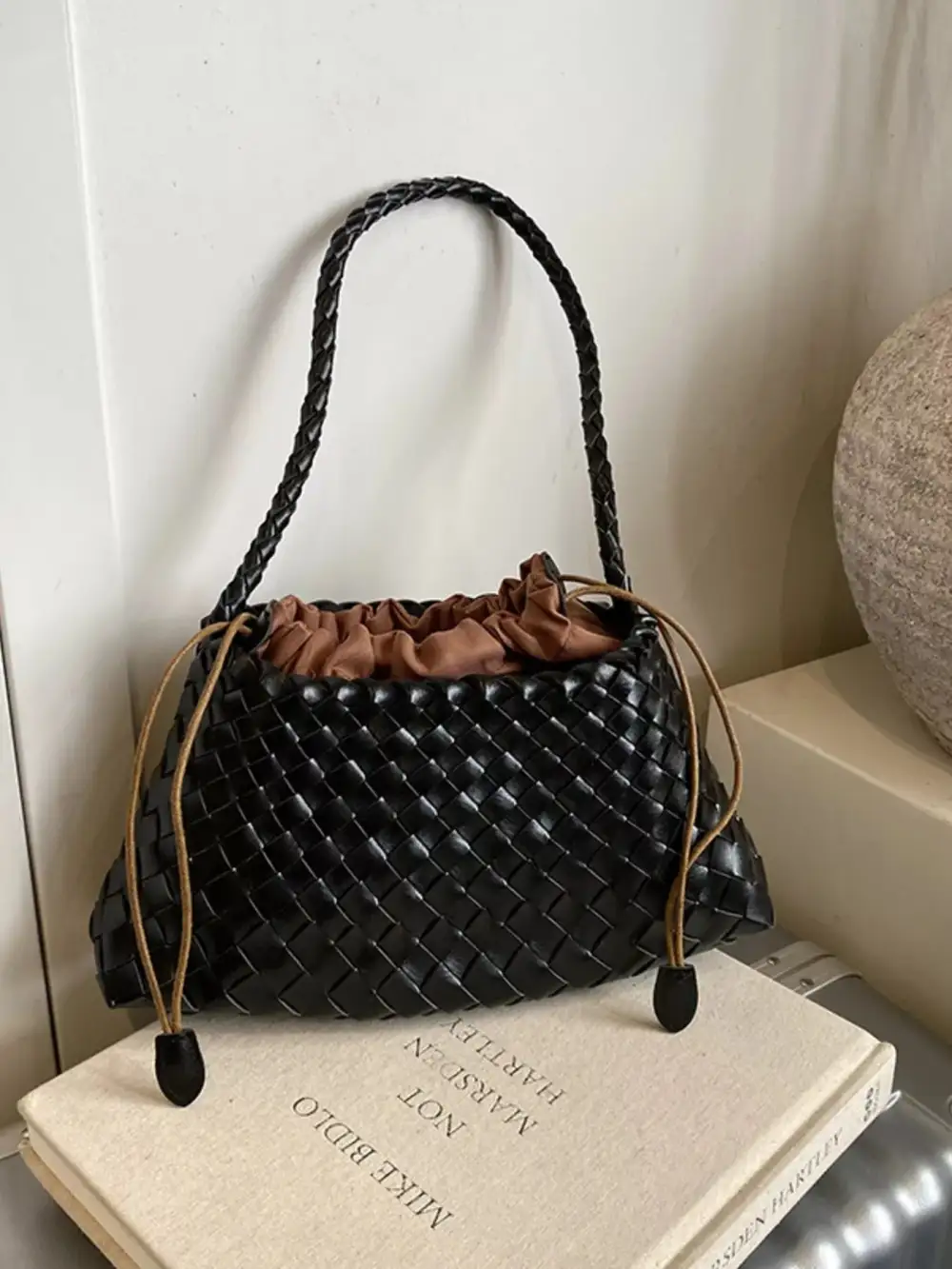 Drawstring Woven Shoulder Bag