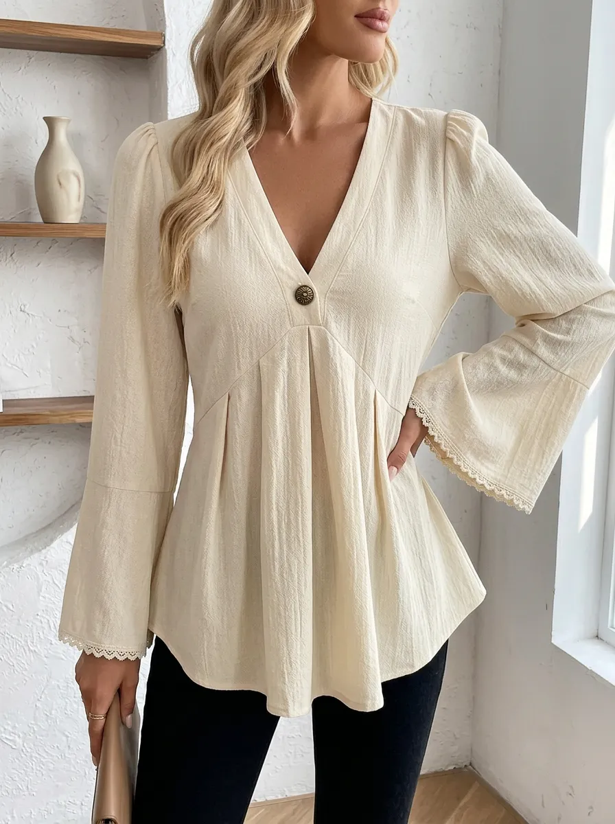 V-Neck Button Front Lace Trim Bell Sleeve Blouse