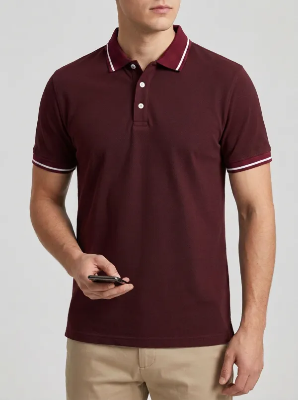 Men's Casual Navy Contrast Collar Striped Trim Polo Shirt