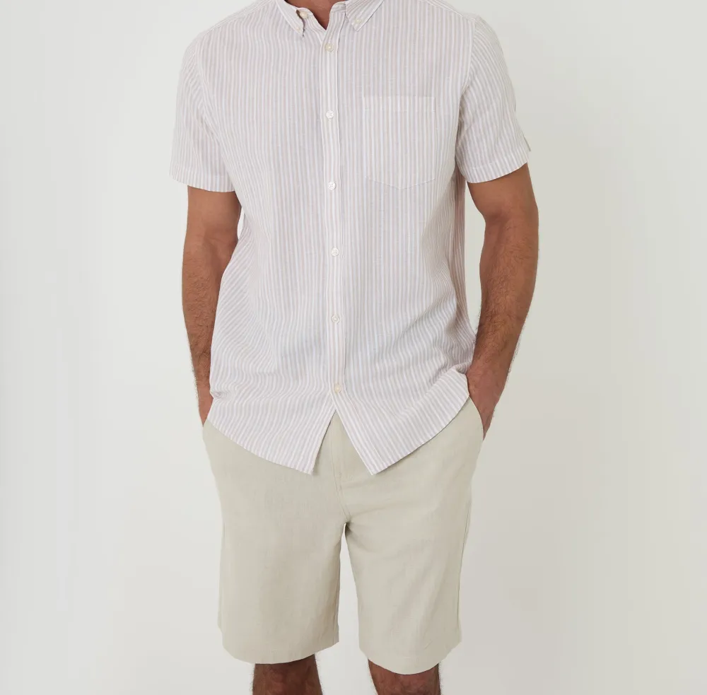 Stone Stripe Linen-Cotton Blend Short-Sleeve Shirt