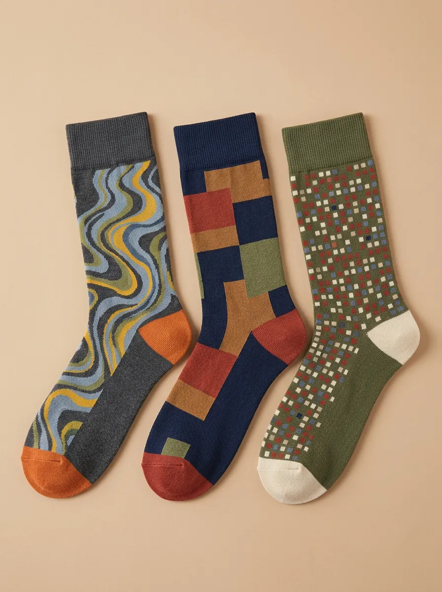 Men's Wave Pattern Micro Checks Three-Pair Crew Socks