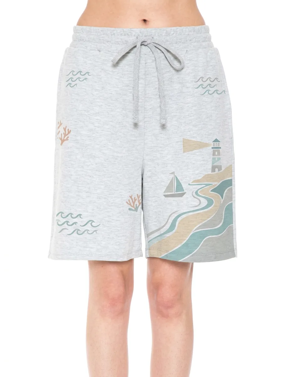 Women's Willow Nautical Coastal Lighthouse Sailboat Graphic Shorts