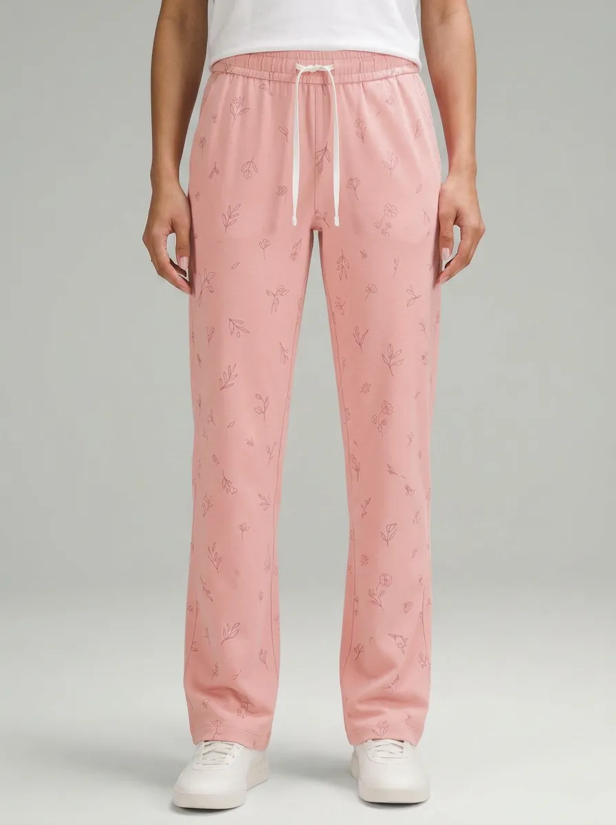 Women's Botanical Floral Line Art Printed Mid-Rise Straight Leg Pants