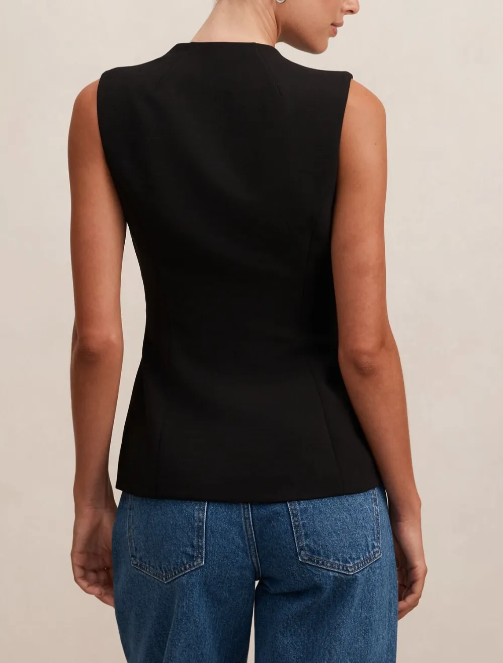 Black Tailored V-Neck Sleeveless Button Top