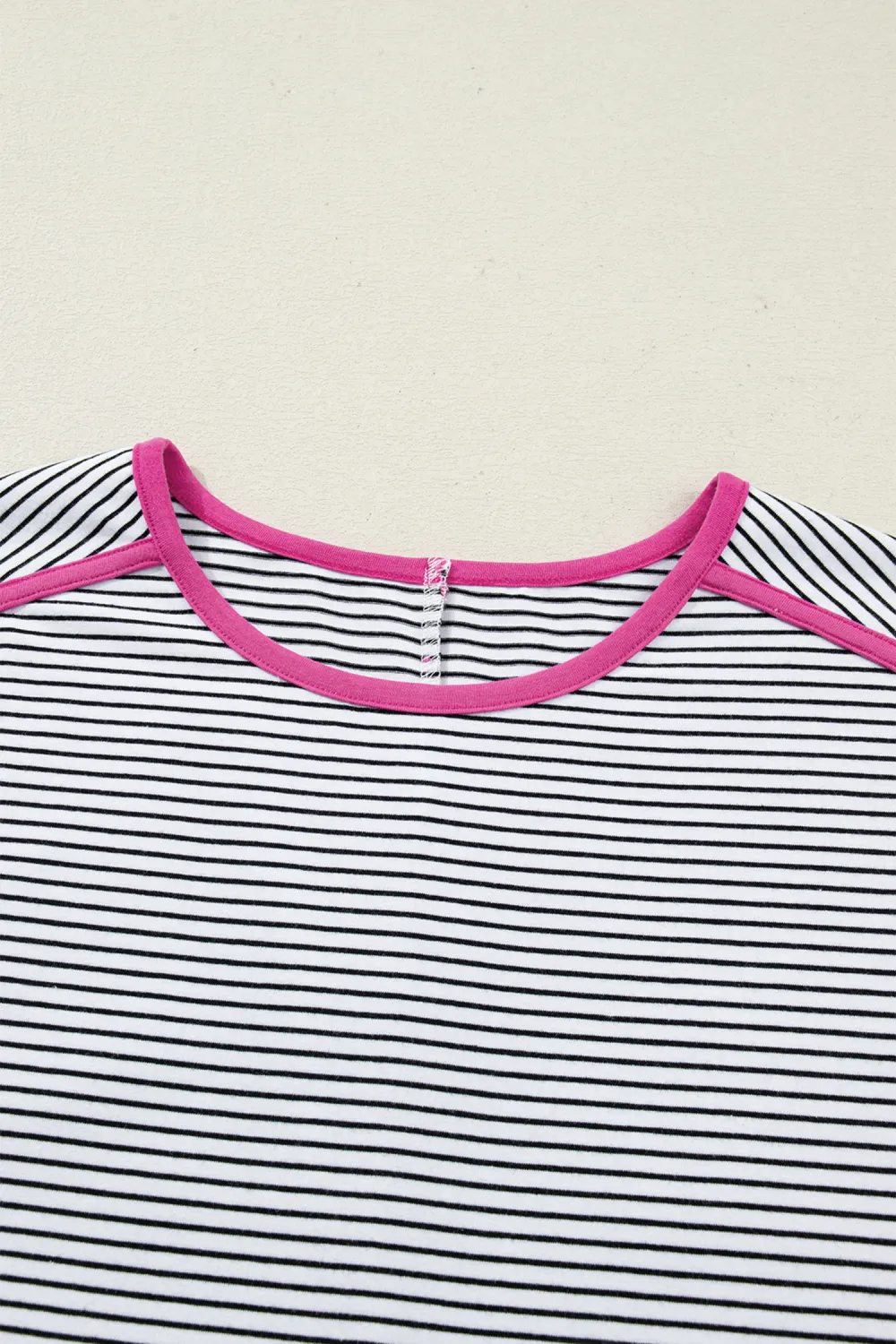 Rose Stripe Contrast Trim Round Tee