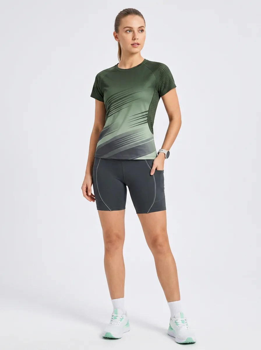 Women's Fitness Enthusiast Green Gradient Striped Printed Yoga Set