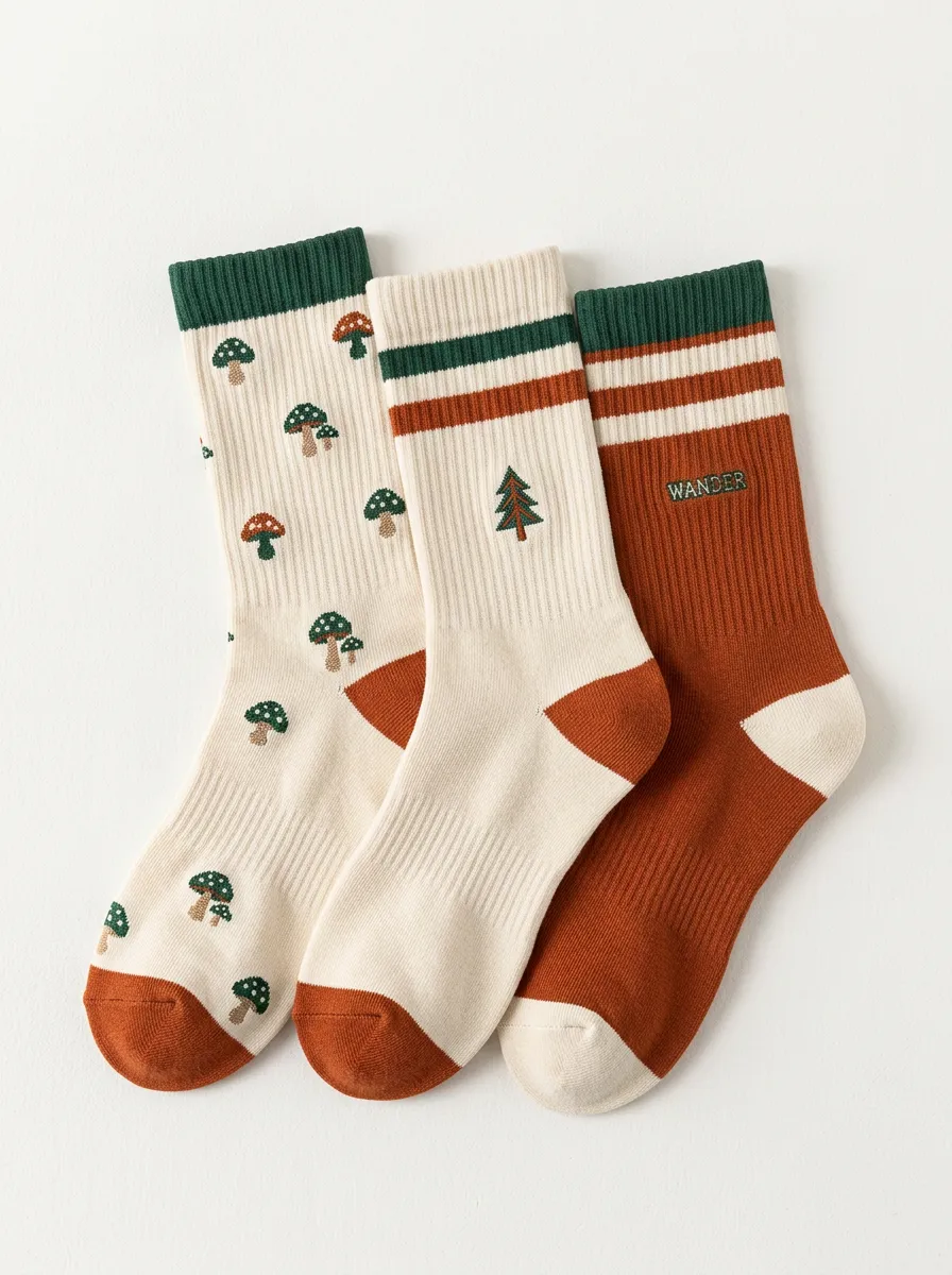 Fruit Pattern Outdoor Embroidered Detail 3-Pair Mid-Calf Athletic Socks