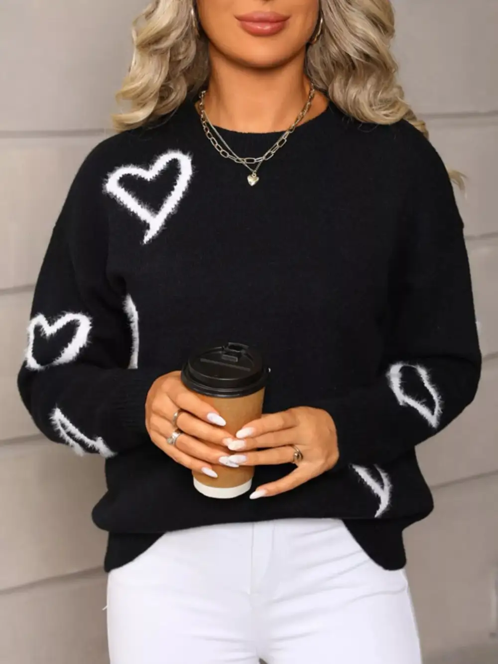 Valentine's Day Heart Print Crew Neck Sweater