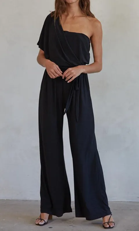 Navy One Shoulder Wide Leg Jumpsuit