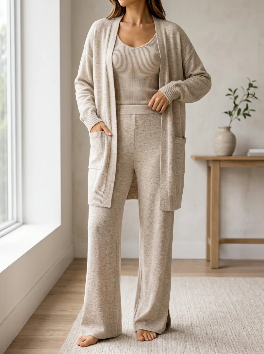 Women's Casual Knit Cardigan And Pants With Inner Top Three Piece Outfit