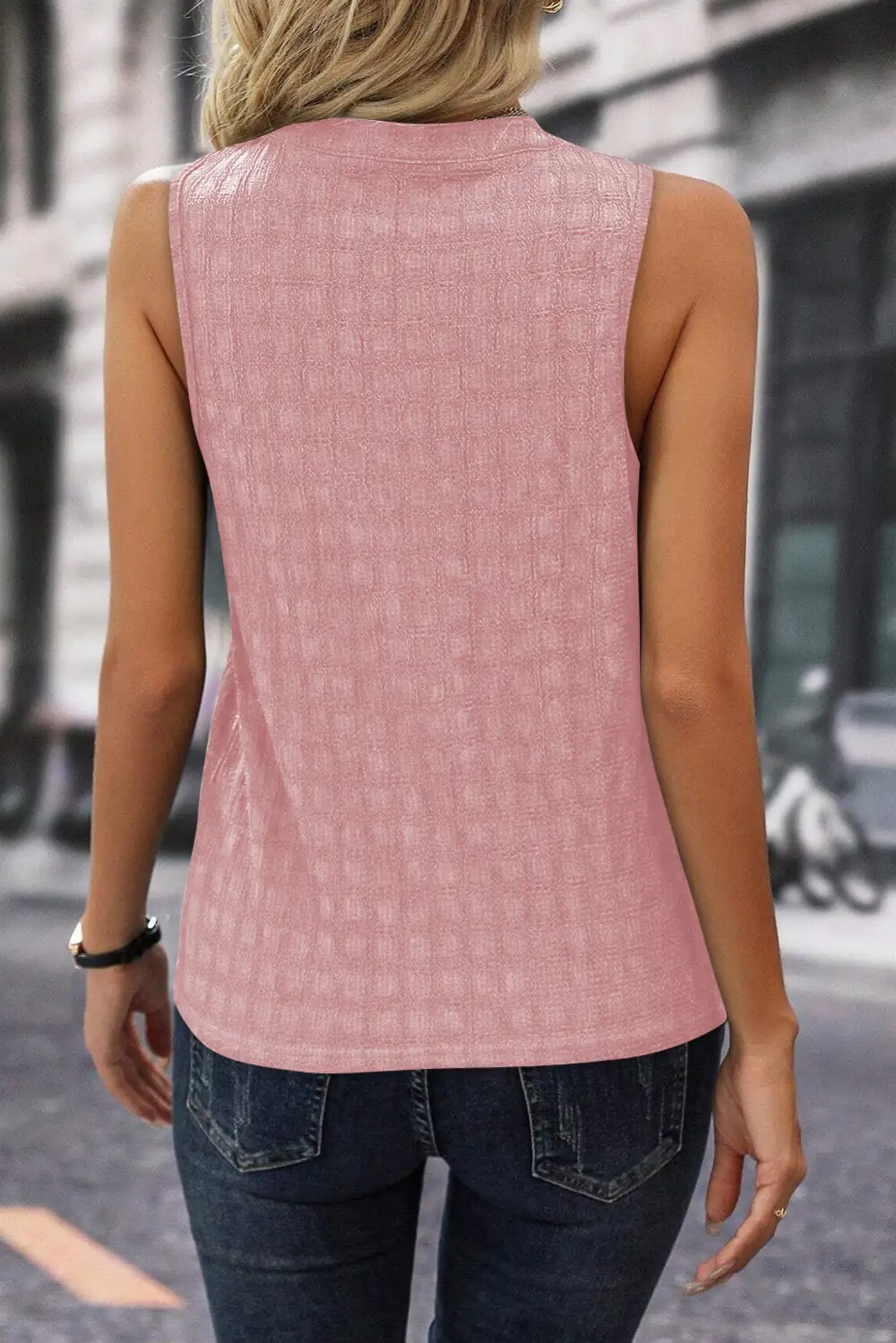 Soft Lattice Textured Split Neck Tank Top