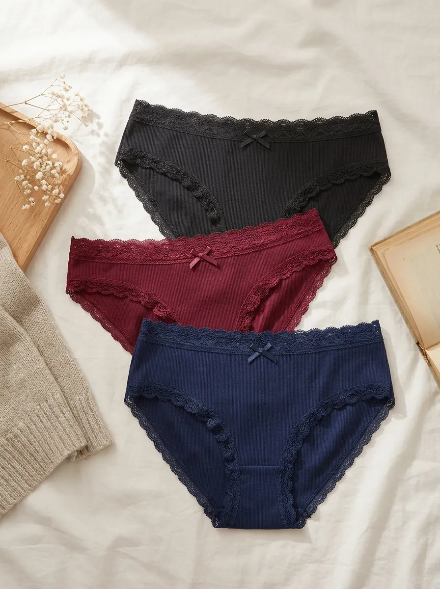 Women's Lace Trim Rib Texture Bow Detail 3-Piece Panty Set