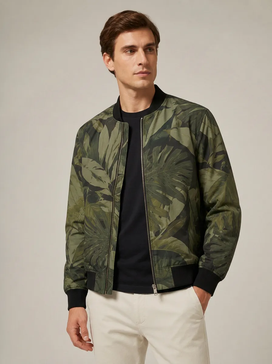 Men's Tropical Print Bomber Jacket with Ribbed knit collar, cuffs, and hem in solid