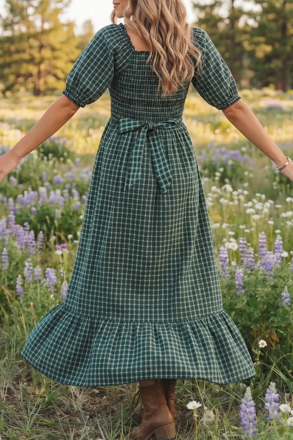 Plaid Square Neck Shirred High Waist Ruffle Hem Dress