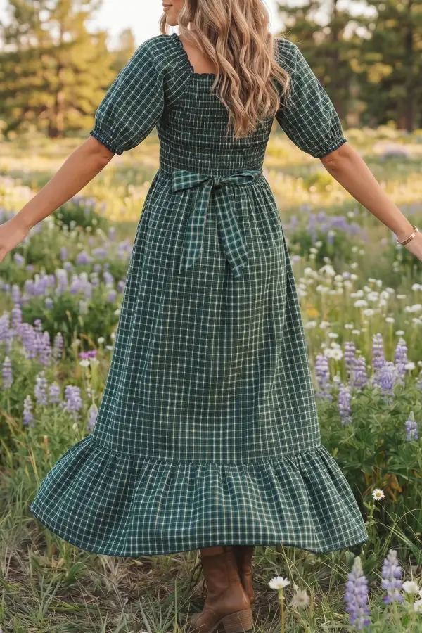 Plaid Square Neck Shirred High Waist Ruffle Hem Dress