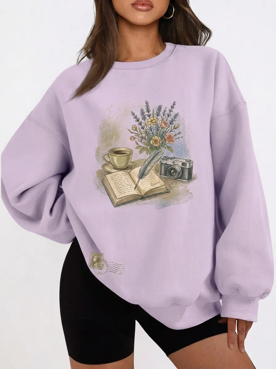 Women's Book Coffee Camera Floral Graphic Sweatshirt