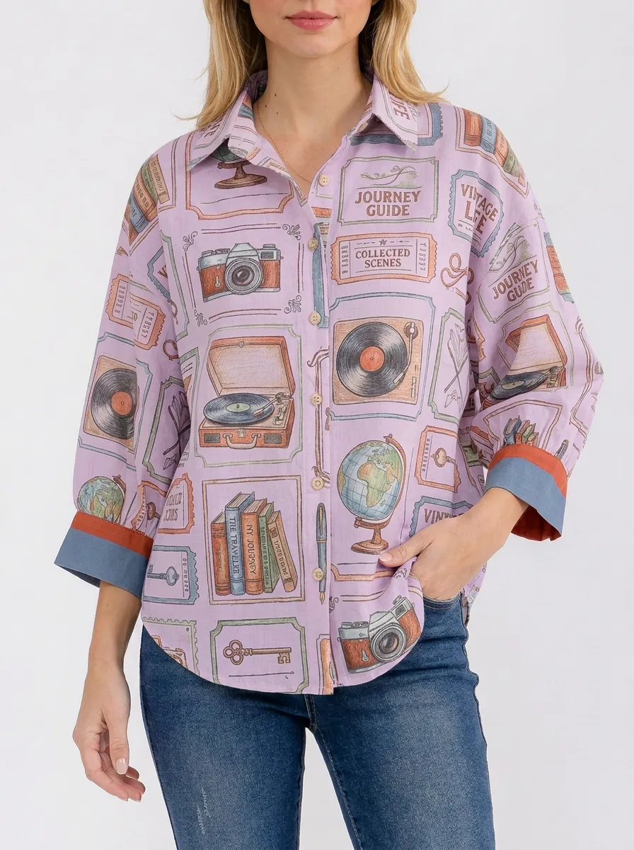 Women's Travel Hobby Vintage Stamp Graphic Button-Up Shirt