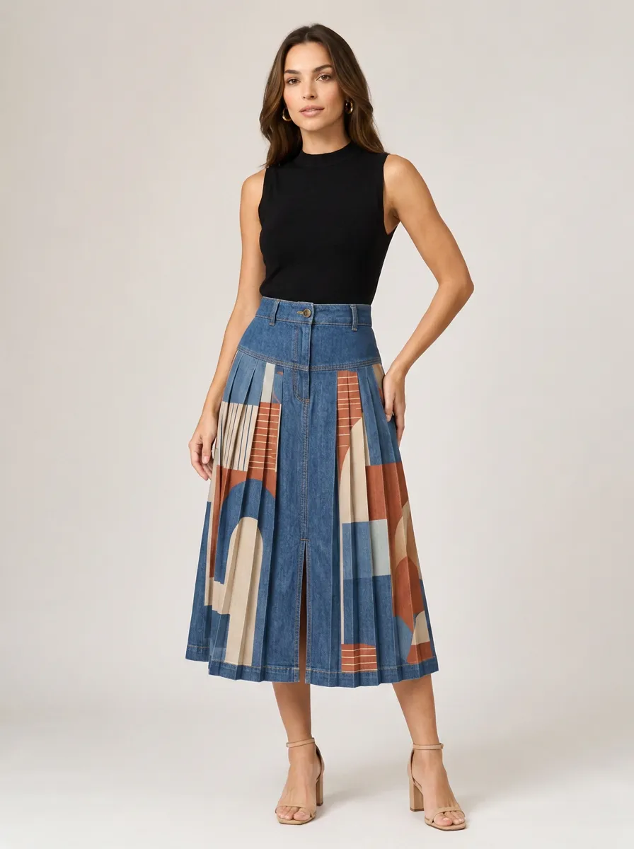 Women's Fashion Geometric Pattern Printed Denim Pleated Midi Skirt