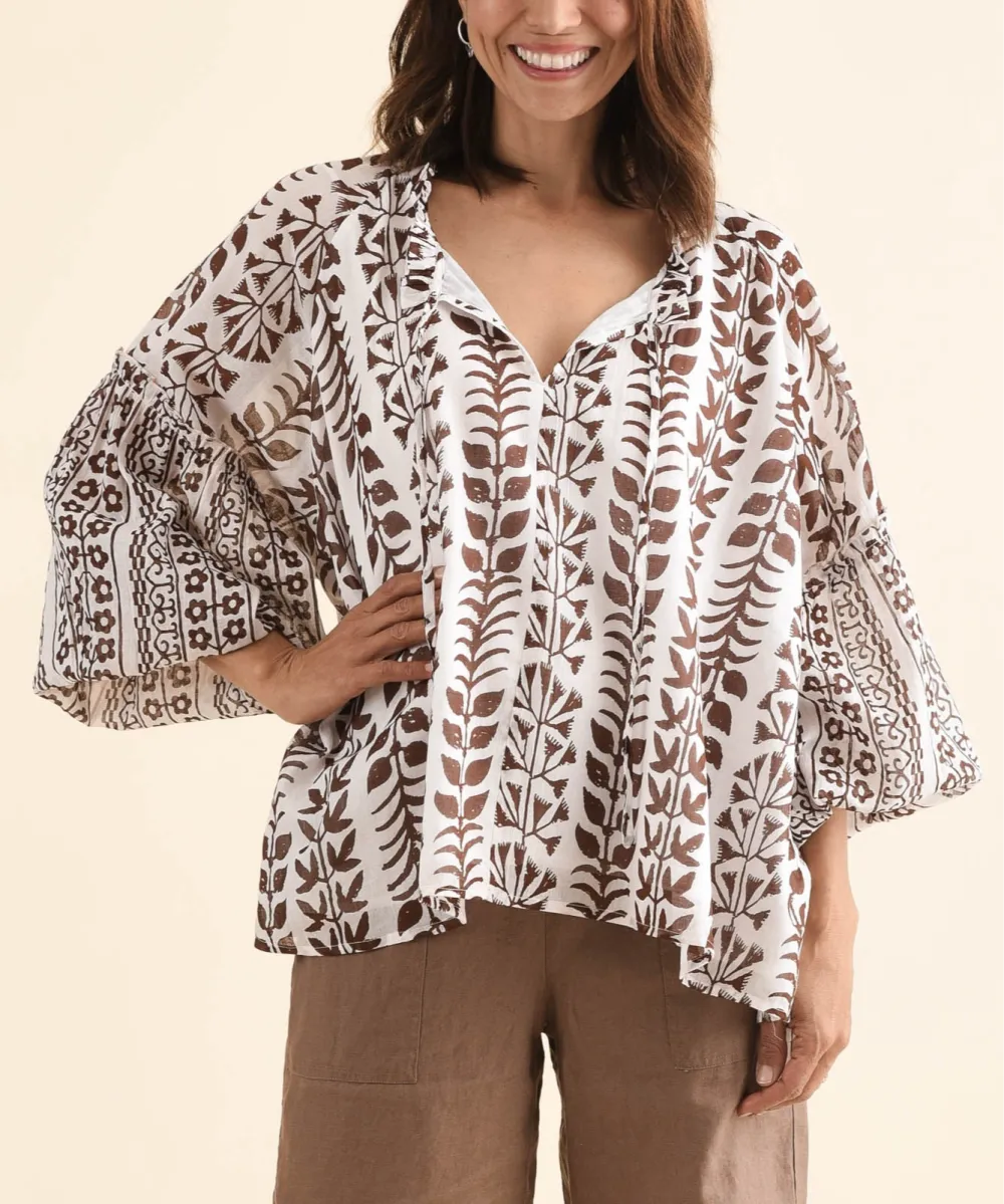 Cotton Floral V-Neck Draped Fit Top