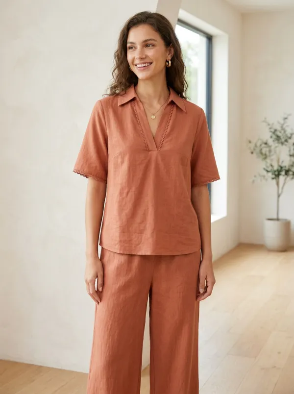 Short-Sleeve Lace-Detail Linen-Blend Women's V-Neck Shirt