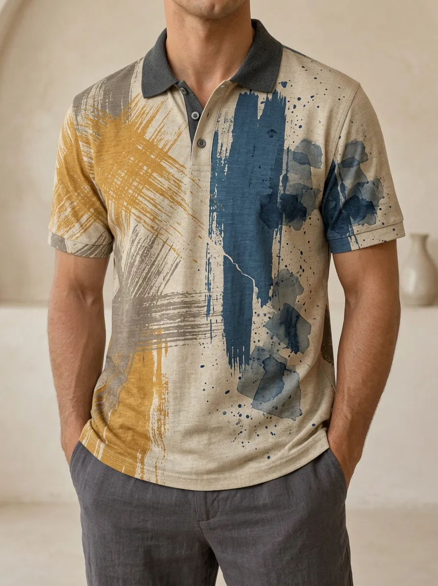 Men's Abstract Art Brushstroke Printed Polo Shirt Everyday Casual Style