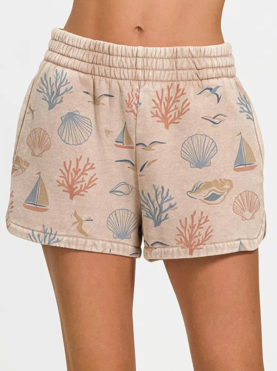 Women's Coastal Seashell Sailboat Coral Graphic Shorts