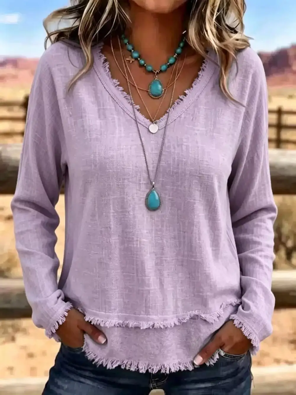 Long Sleeve V-Neck Frayed Hem Blouse
