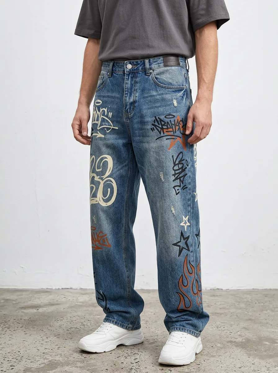 Unisex Urban Streetwear Graffiti Star Flame Jeans