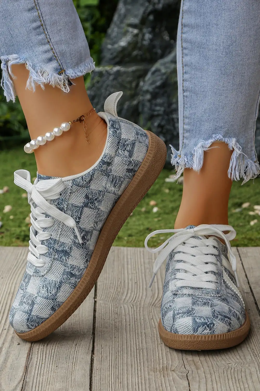 Checkered Denim Lace-Up Casual Sneakers