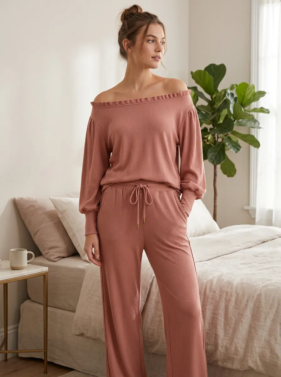 Women's Casual Lounge Off-Shoulder Ribbed Knit Pajama Set