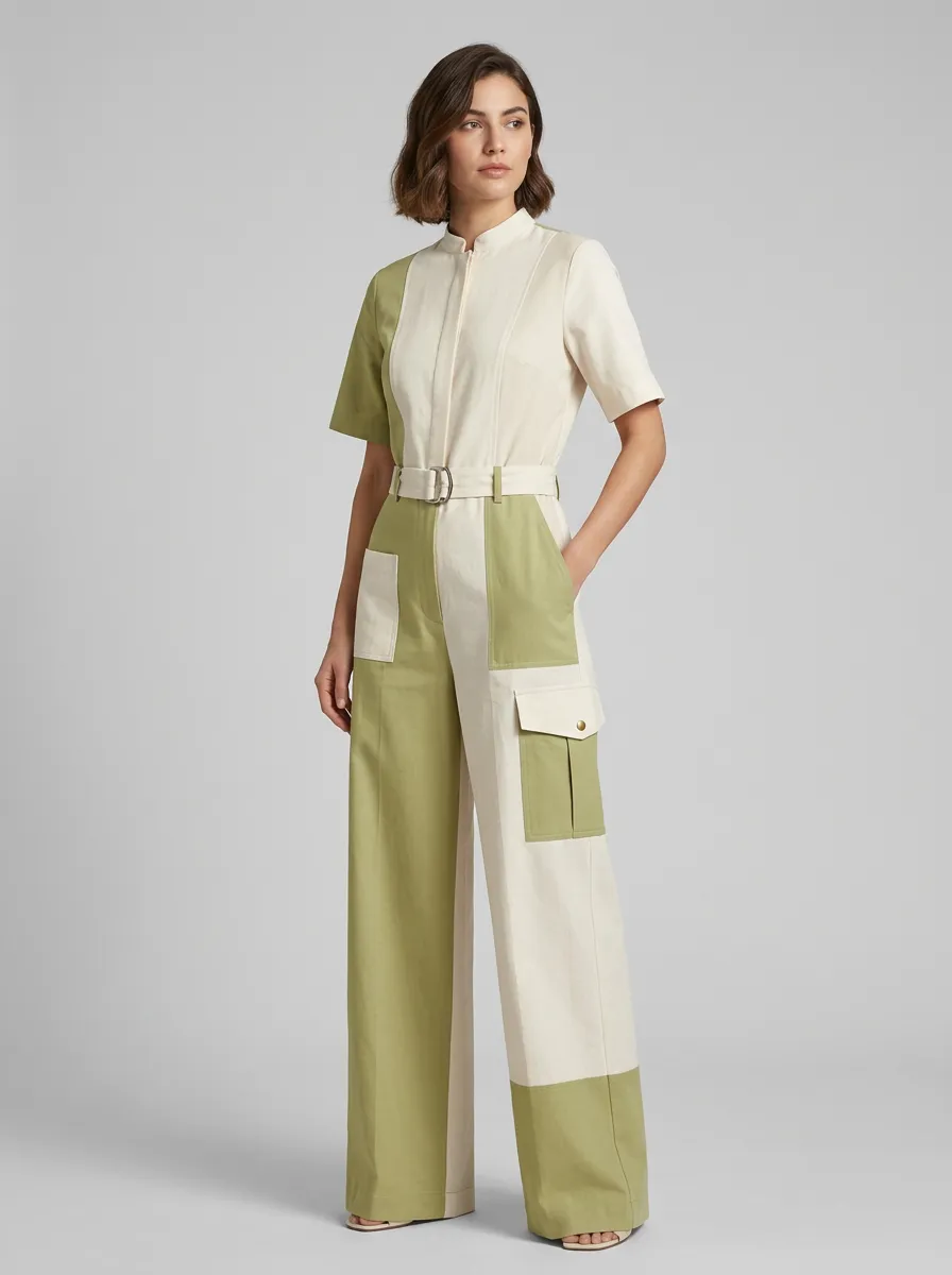 Women's Casual Sage Green Beige Colorblock Utility Jumpsuit