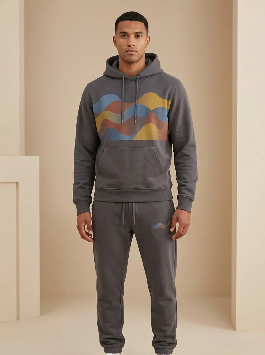 Men's Abstract Wave Pattern Printed Hoodie Sweatpants Set